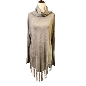 EEUC Women's Peter Nygard Gray‎ Cowl Neck Sweater Fringe Hem Size MEDIUM